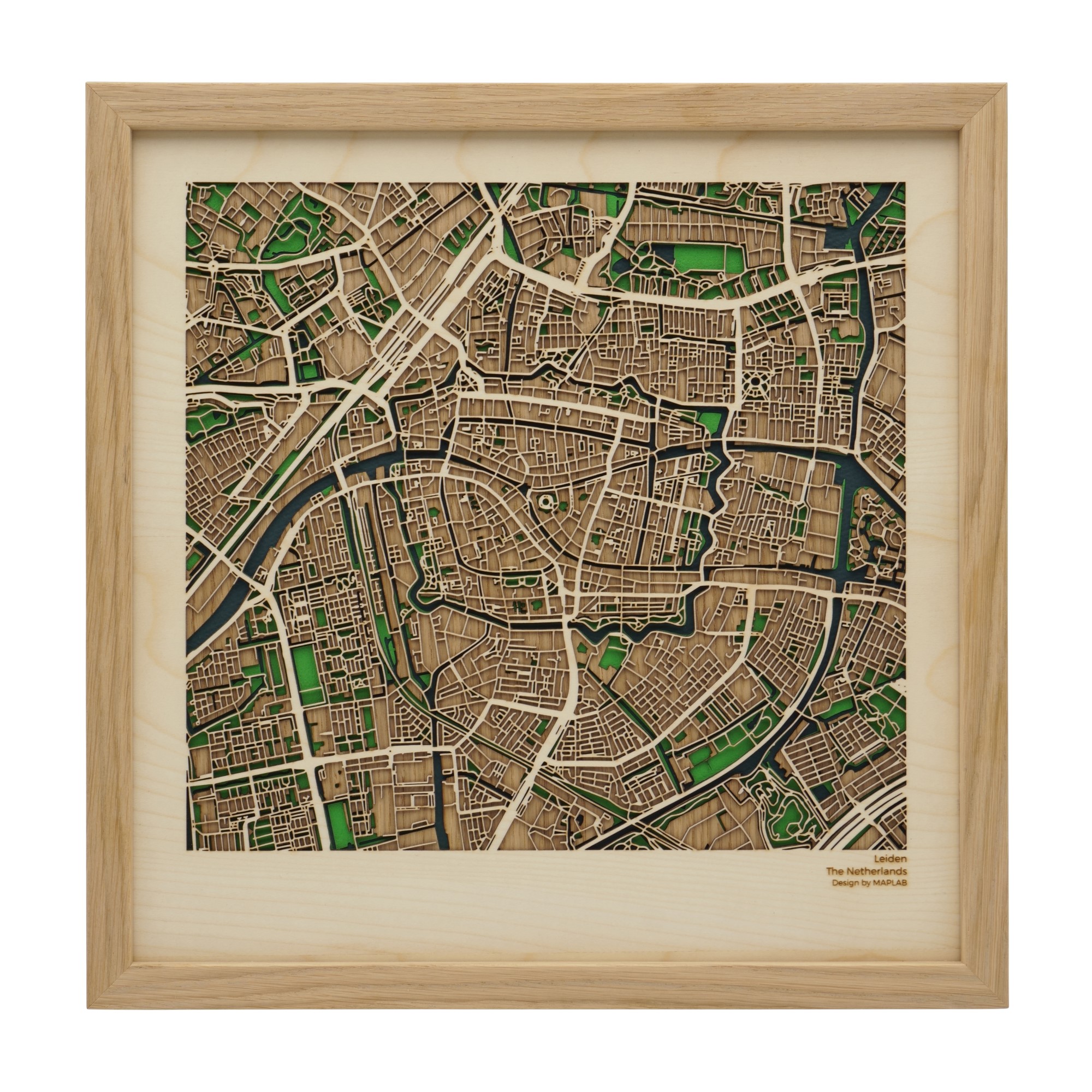 Hardwood map of Leiden. XL Series Maplab. Size: 340*340mm made of Sycamore and Oak.