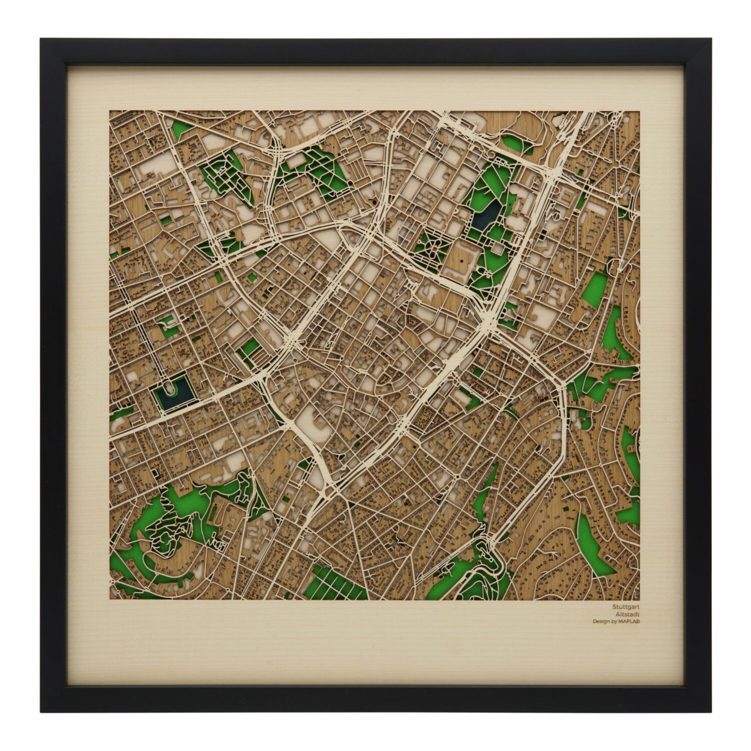 Hardhouten kaartkunst van het centrum van Stuttgart. Buurt Serie Maplab. Afmeting: 425*425mm gemaakt van Sycamore, Oak en Birch. voorkant